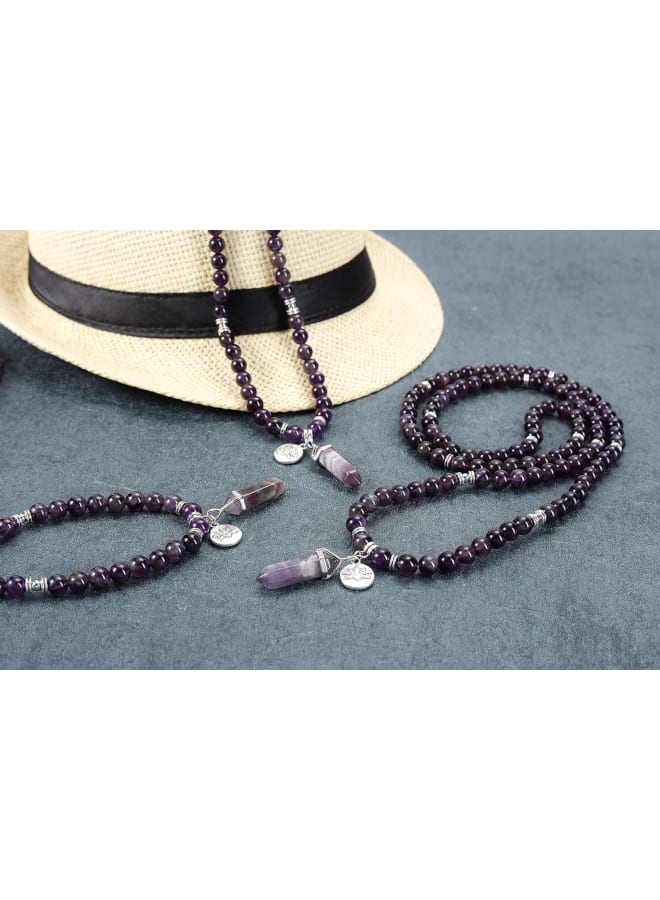 JSDDE 108 Mala Prayer Beads Wrap Bracelet Natural Amethyst Crystals Gemstone Lotus Pendant Necklace for Healing Meditation  - Image 5