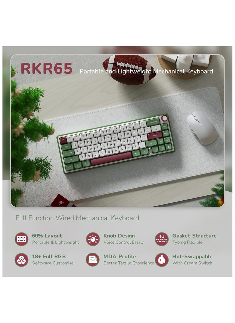 RK - RK ROYAL KLUDGE R65 Wired Gaming Keyboard with Volume Knob, 60% Percent RGB Backlit Mechanical Keyboard Gasket Mount with PBT Keycaps, MDA Profile, 66 Keys Hot Swappable Cream Switch (Green, Blue) - Image 1