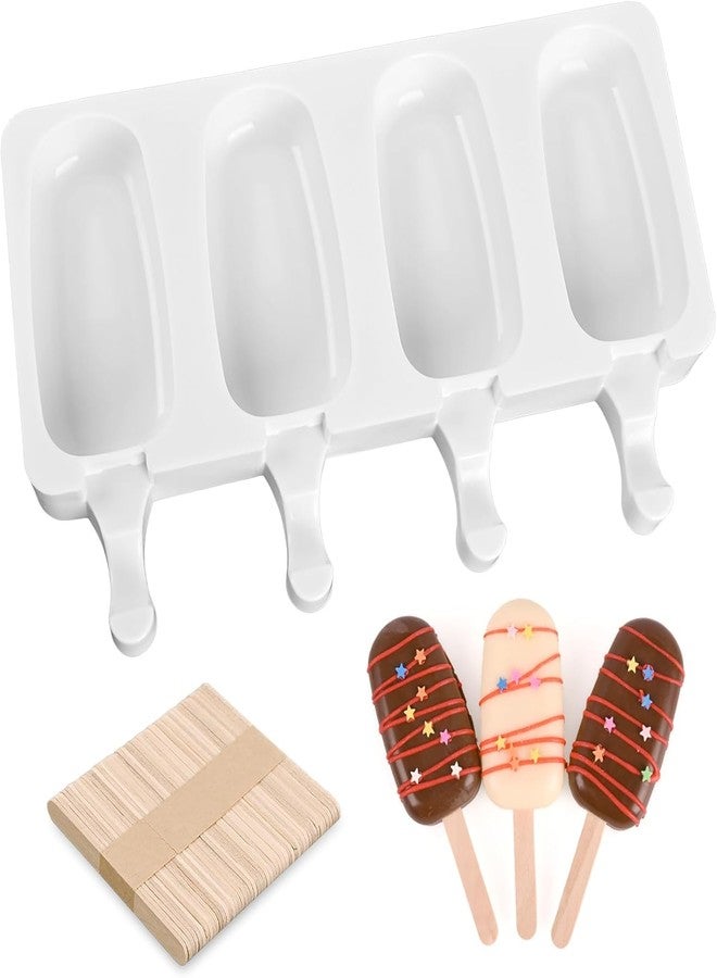 MoldBerry Silicone Cakesicle Mould With 50 Wooden Sticks | 4 Cavity Oval Popsicle Mold For Ice Cream, Kulfi, Candy | Reusable Choco Bar Maker For Kids & Adults (Pack of 1, 50 Sticks),21.5X12.7X2.1 Cm - Image 1