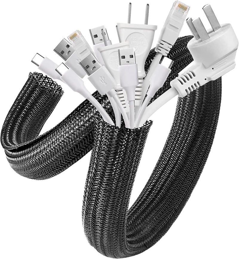 AGPTEK Cable Sleeve, 2Pack 5ft - 1.8 inch Cable Management Desk Cord Cover Organizer Wire Hider for Home Office Computer TV Wire Loom Tubing Pet Proof Cord Protector from Cat Dog Chewing, Black - Image 1