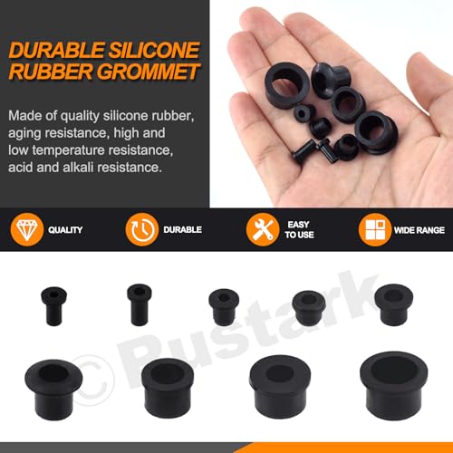 Rustark 72Pcs 9 Sizes Black Silicone Rubber Grommets Assortment Kit T-Type Hole Grommet Small Top Hat Grommets Waterproof Wire Grommets Firewall Silicone Plug for Wiring Automotive Water Pipe - Image 3