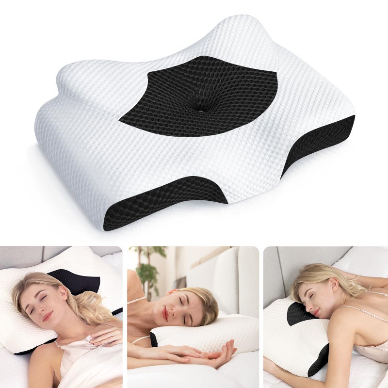 Osteo Cervical Pillow for Neck Pain Relief Hollow Design Odorless Memory Foam Pillows with Cooling Case Adjustable Orthopedic Bed Pillow for Sleeping Support for Side Back Sleepers