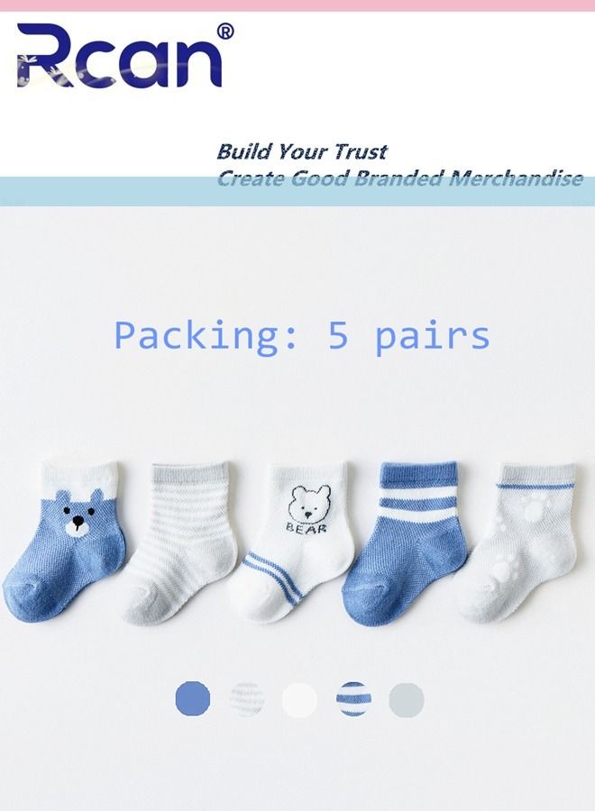 Rcan 5 Pairs Cartoon Printing Thin Mesh Breathable Stretch Cotton Socks Set Middle Tube for Baby Unisex XS S M - Image 1