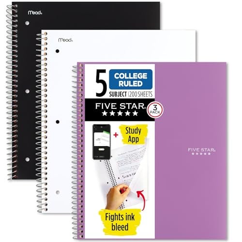 Five Star Spiral Notebooks + Study App, 3 Pack, 5 Subject, College Ruled Paper, 200 Sheets, 11" x 8-1/2", School, Wired, Black, White, Amethyst Purple (38500) - Image 1