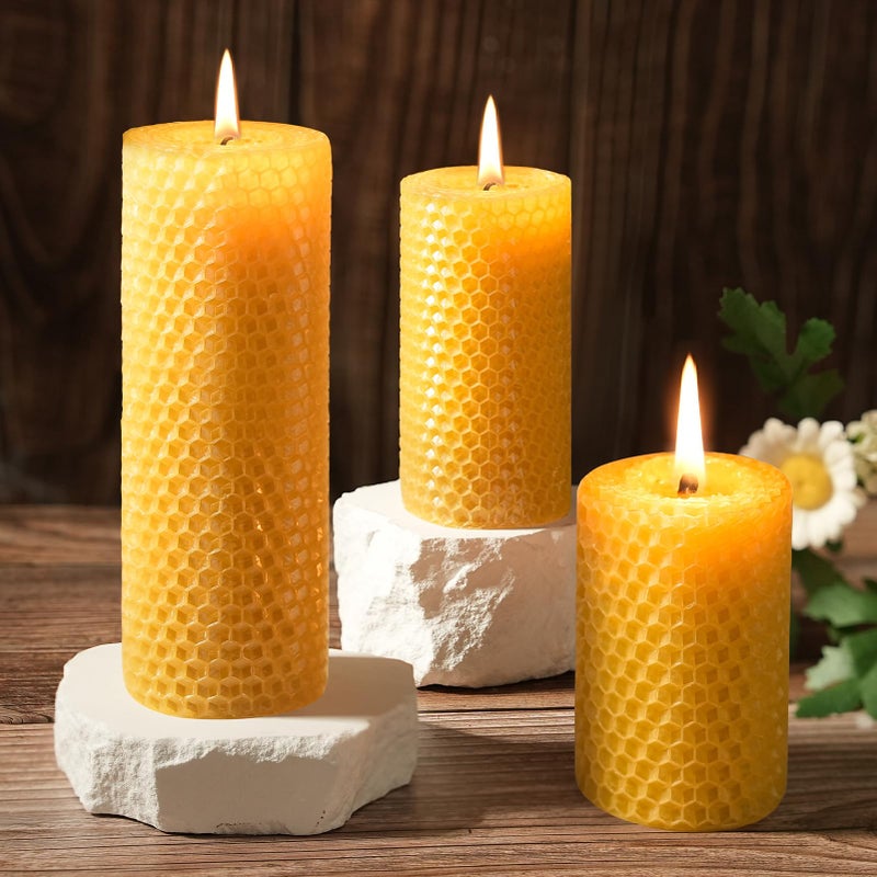ginitiri Natural Beeswax Pillar Candles Hand-Rolled,3 Pack Multiple Heights Rolled Bees Wax Candle for Home,Unscented,Smokeless&Dripless-1.77x3in,2x4in,2x6in Pure Beeswax Candles for Wedding, Meditation, Gifts - Image 1