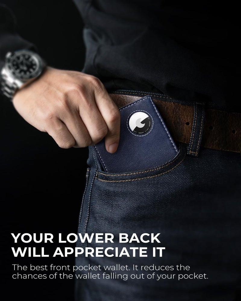 LORZOR Mens Wallet with AirTag Holder, Bifold Top Grain Leather Minimalist Front Pocket RFID Blocking AirTag Wallet with ID Window Gift for Men, up to 12 Cards - Image 2