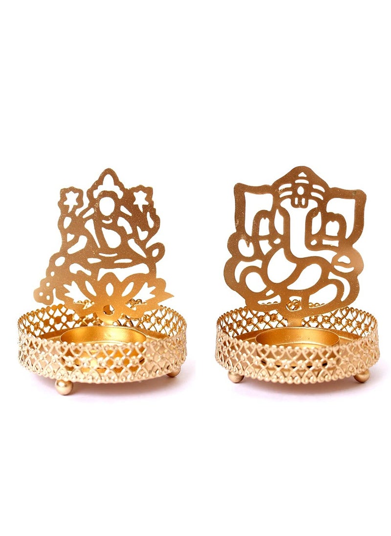 Polaris Fox POLARIS FOX Ganeshji Lakshmiji Diya Decor TEALIGHT Candle Holder Table Candle Stand Set of 2 Gold Color  - Image 1