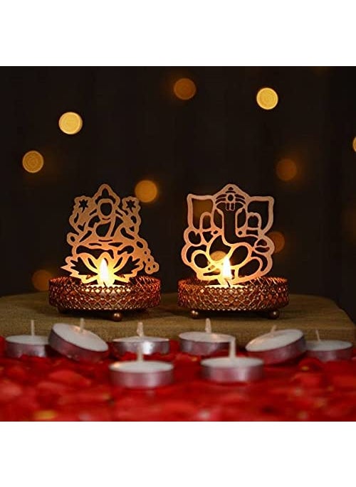 Polaris Fox POLARIS FOX Ganeshji Lakshmiji Diya Decor TEALIGHT Candle Holder Table Candle Stand Set of 2 Gold Color  - Image 2