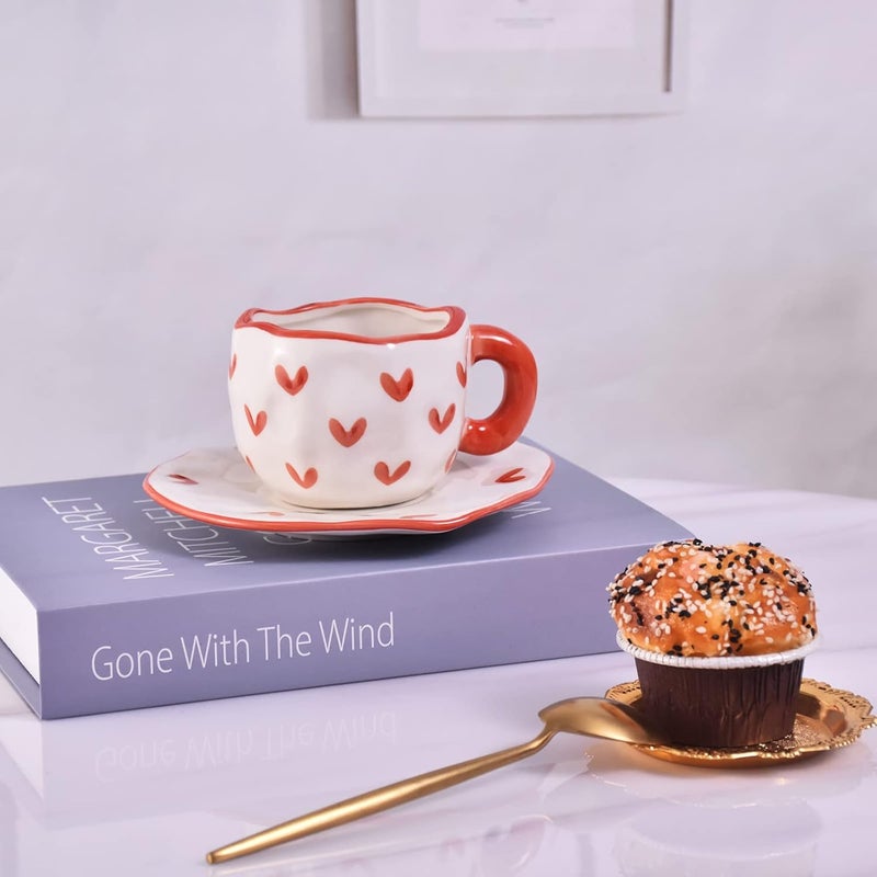 Koythin Ceramic Coffee Mug with Saucer Set, Cute Creative Cup Unique Irregular Design for Office and Home, Dishwasher and Microwave Safe, 10 oz/300 ml for Latte Tea Milk (Red Heart) - Image 5