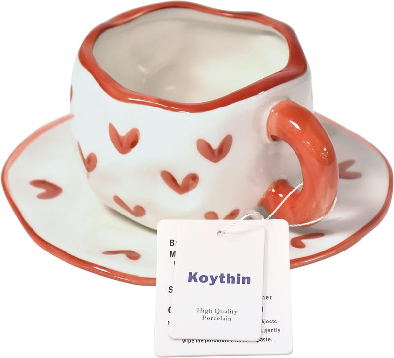Koythin Ceramic Coffee Mug with Saucer Set, Cute Creative Cup Unique Irregular Design for Office and Home, Dishwasher and Microwave Safe, 10 oz/300 ml for Latte Tea Milk (Red Heart) - Image 3