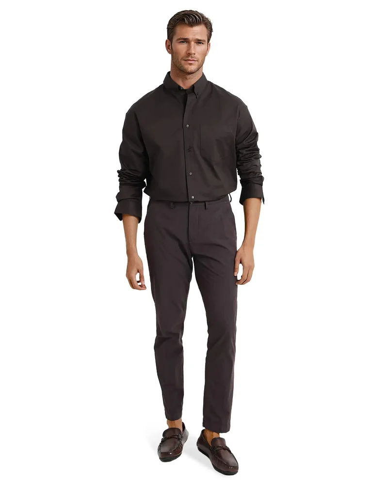 Rare Rabbit Rare Rabbit Men's Zord Dark Brown Cotton Lycra Fabric Full Sleeves Button Down Collar Boxy Fit Plain Shirt