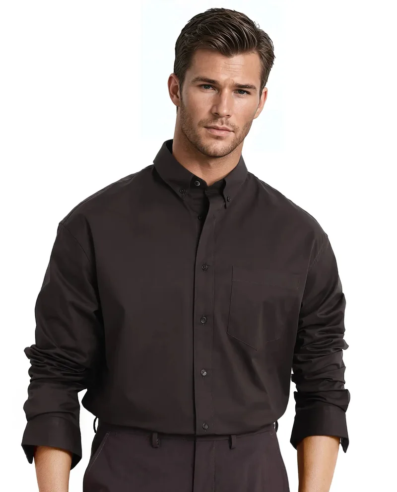 Rare Rabbit Rare Rabbit Men's Zord Dark Brown Cotton Lycra Fabric Full Sleeves Button Down Collar Boxy Fit Plain Shirt