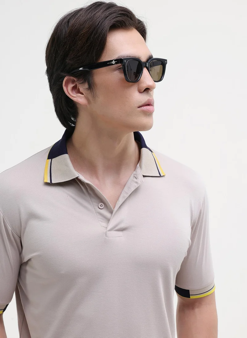 CAHOOT Men's Beige Plain/Basic T-Shirt For Casual Wear | Polo Collar | Short Sleeve | Button Closure | Polyester Blend T-Shirt Crafted With Comfort Fit For Everyday Wear