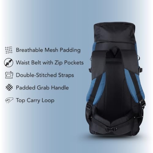 Impulse Urban Trek 75L Travel Bag with Rain Cover|Water Resistant|Padded Adjustable Shoulder Straps & Waist Belt | Ideal for Hiking, Camping & Travel Rucksack Backpack- Blue |1 Year Warranty - Image 5