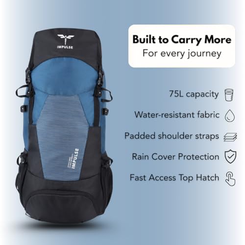 Impulse Urban Trek 75L Travel Bag with Rain Cover|Water Resistant|Padded Adjustable Shoulder Straps & Waist Belt | Ideal for Hiking, Camping & Travel Rucksack Backpack- Blue |1 Year Warranty - Image 3