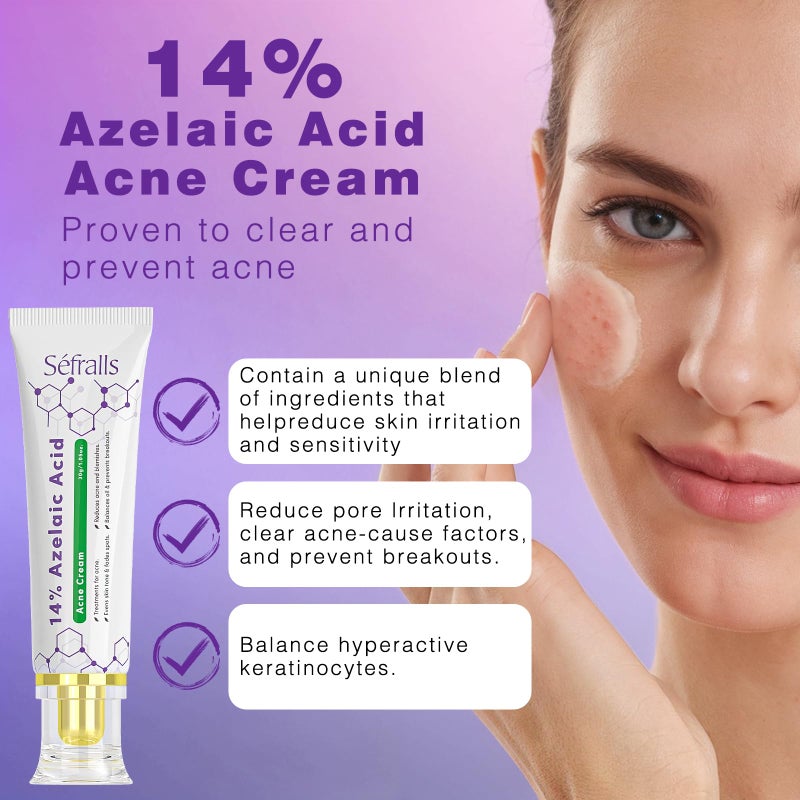 Sefralls 14% Azelaic Acid Acne Cream, Premium Azelaic Acid Facial Cream - Redness Relief For Face, Redness Reducing Skin Care, Prevents Acne Breakouts, Ease Pimple Clarify Skin Soothe Irritation,1 Oz - Image 2