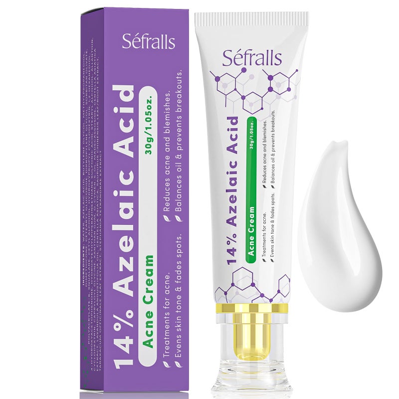 Sefralls 14% Azelaic Acid Acne Cream, Premium Azelaic Acid Facial Cream - Redness Relief For Face, Redness Reducing Skin Care, Prevents Acne Breakouts, Ease Pimple Clarify Skin Soothe Irritation,1 Oz - Image 1