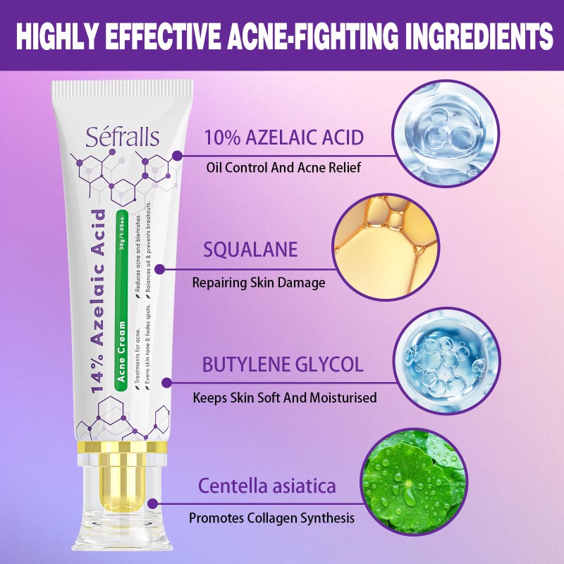 Sefralls 14% Azelaic Acid Acne Cream, Premium Azelaic Acid Facial Cream - Redness Relief For Face, Redness Reducing Skin Care, Prevents Acne Breakouts, Ease Pimple Clarify Skin Soothe Irritation,1 Oz - Image 3