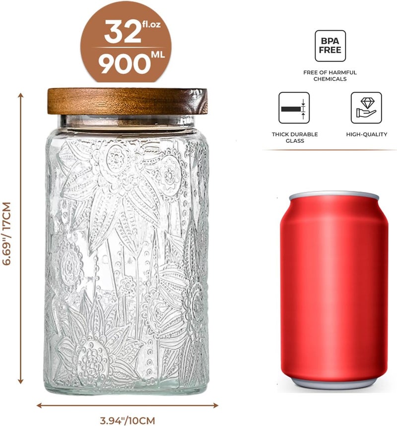 Adodeen 32oz Vintage Glass Jars With Lids, Airtight Food Storage Containers, Kitchen Canisters For Sugar, Coffee, Tea, Spice, Flour, Candy Cookie, Pasta, Cereal, Cute Decorative Jars - Image 2