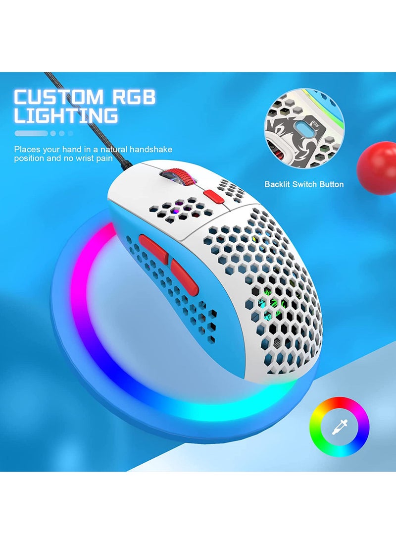 M8 LED Gaming Mouse Ergonomic Ultra-Lightweight Honeycomb Shell Custom Tri-Color Design Chroma RGB Backlit 7 Programmable Buttons 6400 DPI Computer Mice for PS4 Xbox Laptop PC Gamers