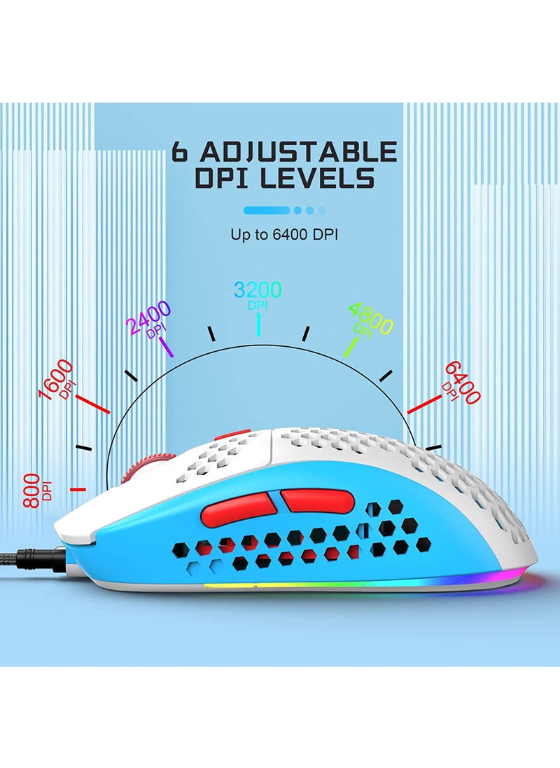 M8 LED Gaming Mouse Ergonomic Ultra-Lightweight Honeycomb Shell Custom Tri-Color Design Chroma RGB Backlit 7 Programmable Buttons 6400 DPI Computer Mice for PS4 Xbox Laptop PC Gamers