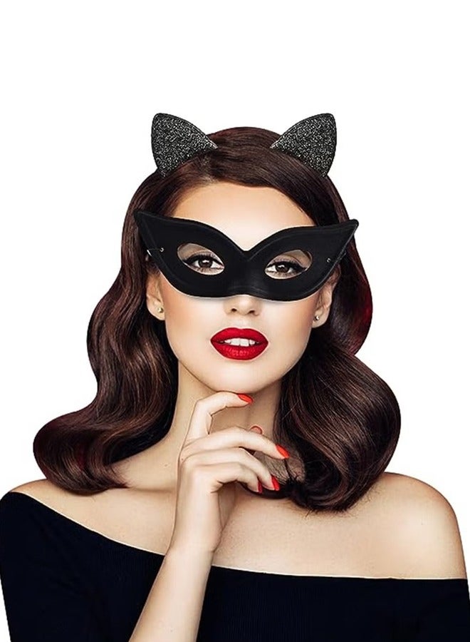 rocooart Cat Mask and Cat Ears Headband Set, Black Cat Eye Mask for Masquerade Party with Elastic String Masquerade Masks, Cat Woman Party Mask for Women Girls  - Image 1