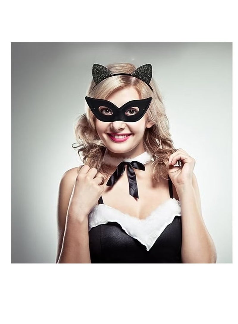rocooart Cat Mask and Cat Ears Headband Set, Black Cat Eye Mask for Masquerade Party with Elastic String Masquerade Masks, Cat Woman Party Mask for Women Girls  - Image 2