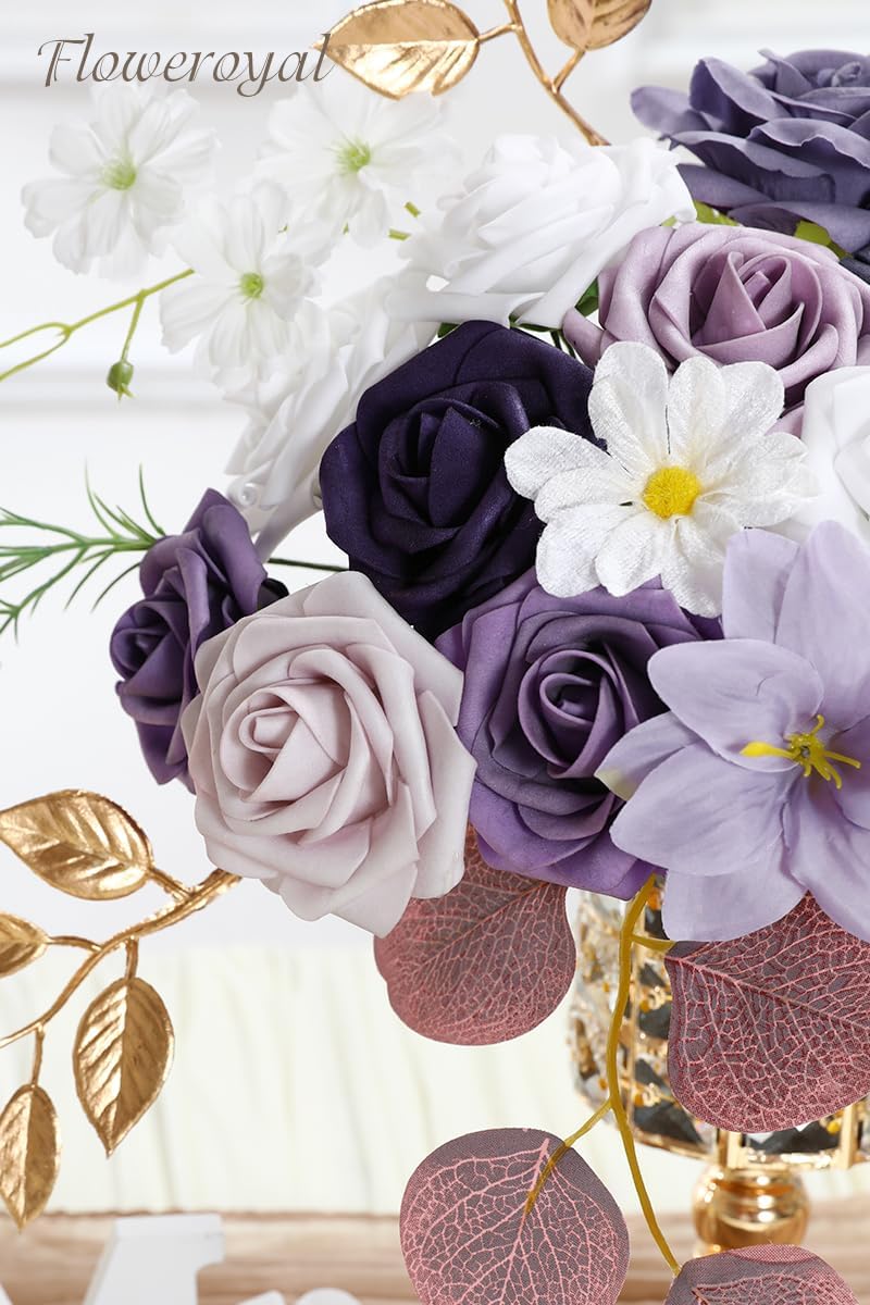Floweroyal Artificial Flowers Combo Purple Flowers Mix Silk Flowers Fake Roses with Stems for DIY Wedding Bridal Bouquets, Baby Shower, Floral Arrangement, Table Centerpieces, Home Decorations - Image 2
