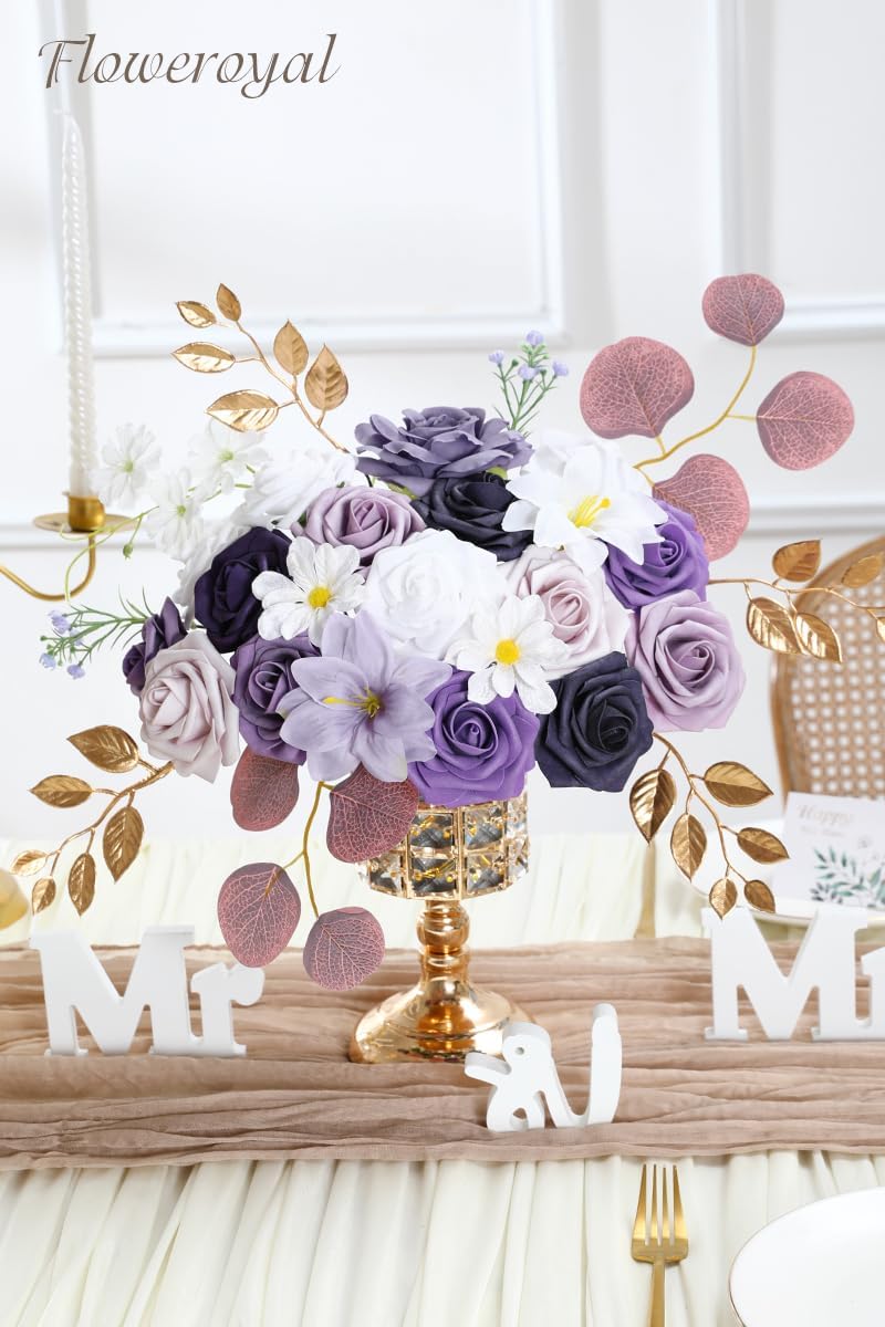 Floweroyal Artificial Flowers Combo Purple Flowers Mix Silk Flowers Fake Roses with Stems for DIY Wedding Bridal Bouquets, Baby Shower, Floral Arrangement, Table Centerpieces, Home Decorations - Image 3