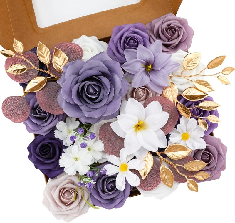 Floweroyal Artificial Flowers Combo Purple Flowers Mix Silk Flowers Fake Roses with Stems for DIY Wedding Bridal Bouquets, Baby Shower, Floral Arrangement, Table Centerpieces, Home Decorations - Image 1
