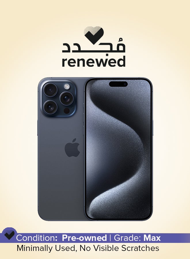 ابل  تم تجديده - آيفون 15 برو ماكس 1 تيرابايت تيتانيوم أزرق 5G مع فيس تايم - Image 1