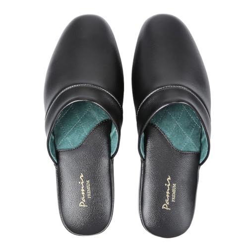 PAMIR Mens Genuine Leather Scuff Slippers with Memory Foam Insole and Leather Outsole Size US 10 M Black
