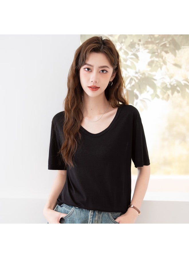 Don't speak Snowflake Cotton Short Sleeve T-shirt Women's Summer V-neck Thin Loose Shoulder Wide Neck Slimming Base Top Black S - Image 5