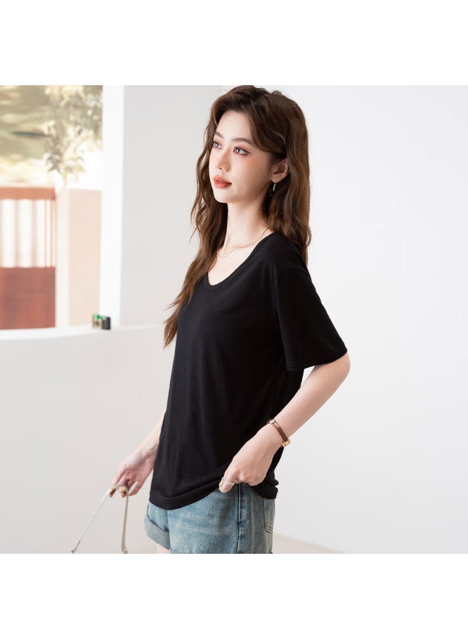 Don't speak Snowflake Cotton Short Sleeve T-shirt Women's Summer V-neck Thin Loose Shoulder Wide Neck Slimming Base Top Black S - Image 4