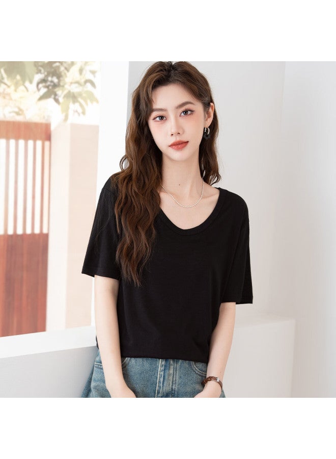 Don't speak Snowflake Cotton Short Sleeve T-shirt Women's Summer V-neck Thin Loose Shoulder Wide Neck Slimming Base Top Black S - Image 3