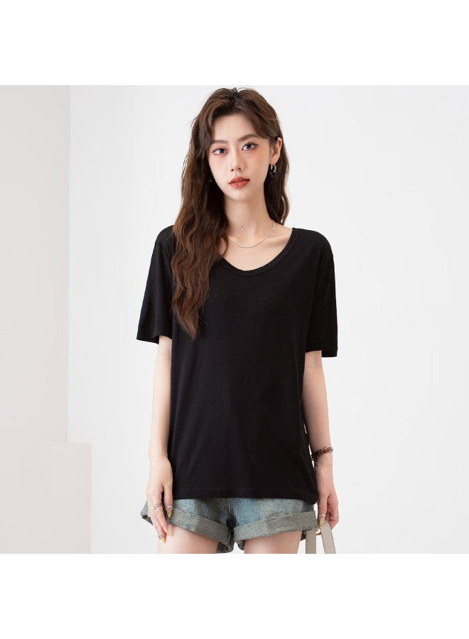 Don't speak Snowflake Cotton Short Sleeve T-shirt Women's Summer V-neck Thin Loose Shoulder Wide Neck Slimming Base Top Black S - Image 1