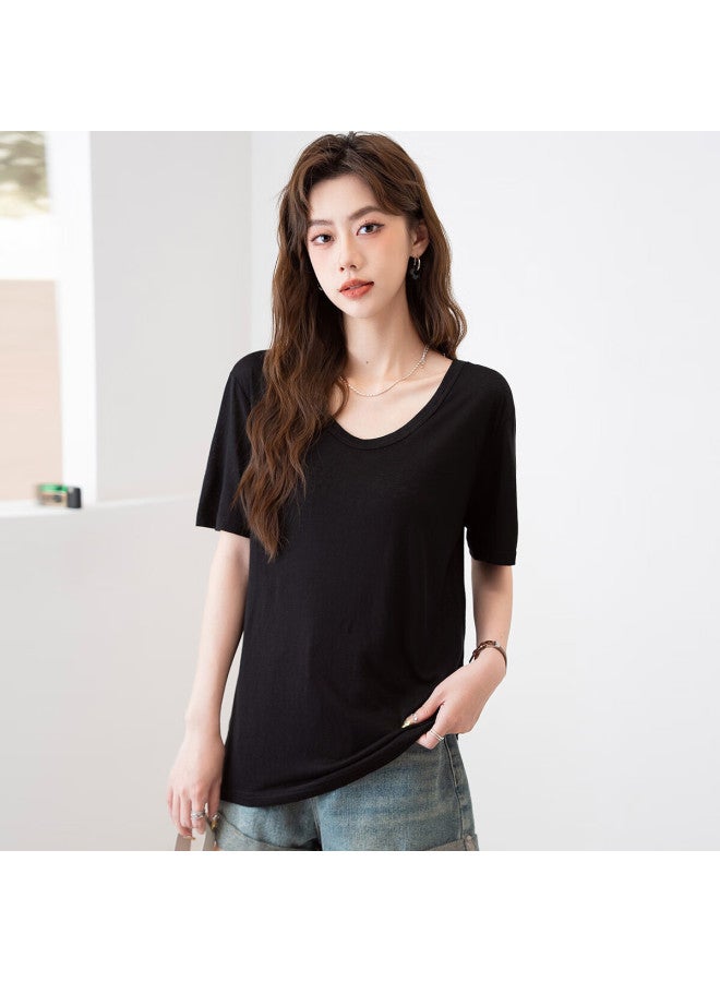 Don't speak Snowflake Cotton Short Sleeve T-shirt Women's Summer V-neck Thin Loose Shoulder Wide Neck Slimming Base Top Black S - Image 2