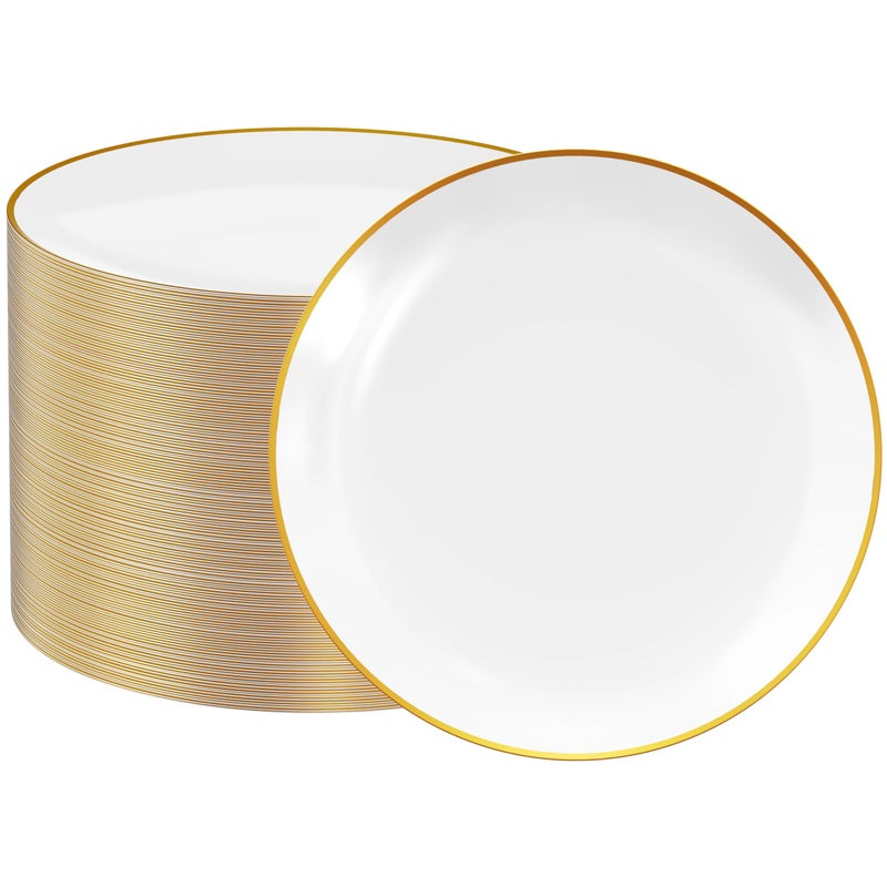 FOCUSLINE 100 Count Gold Plastic Plates 1025 Inch Disposable Heavy Duty Dinner Plates Premium Hard Plastic Plate Fancy Disposable White Plate with Gold Rim