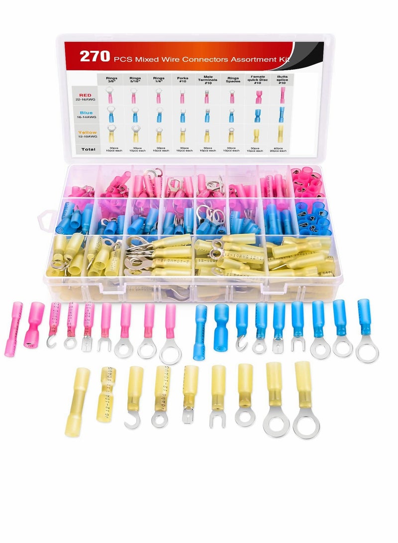 SYOSI Heat Shrink Wire connector, Waterproof Marine Automotive Connector, Assortment Rings Fork Hook Spade Butt Splices 270 PCS - Image 1