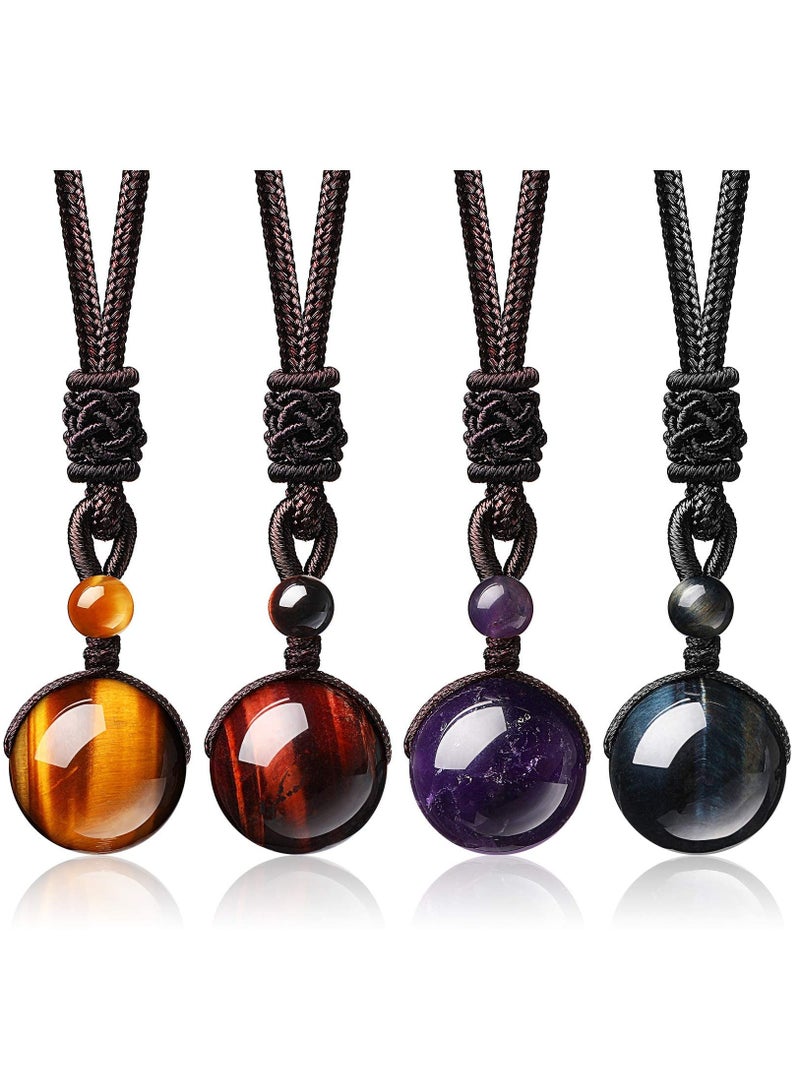 4-Piece Natural Crystal Pendant Necklace Set - 16mm Black Obsidian & Tiger Eye Stone Necklaces with Adjustable Braided Rope Cords for Lucky Blessings & Chakra Healing.