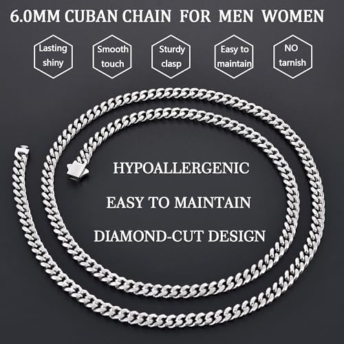 Fiusem 6mm Silver Colored Chains for Men, Silver Plated Cuban Link Chain Necklace for Men and Women, Stainless Steel Necklaces 20 Inch - Image 5