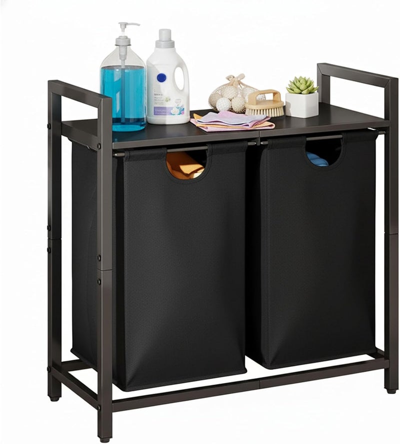 LEEWAS Laundry Basket Clothes Hamper,45L,2 Sections Clothe Sorter Bin,Foldable Waterproof Organizer Bag with Large Top Shelf,Aluminum Frame,for Bathroom Washroom Bedroom,Black - Image 1