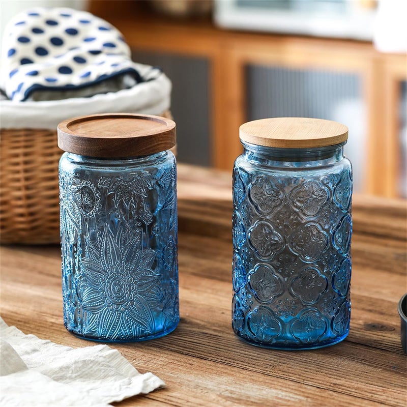 ANSQU Vintage Glass Jar with Solid Wood Lid, 34 FL OZ Blue Sunflower Decorative Jar, Glass Food Storage Container for Coffee, Tea Bags, Nuts, Sugar, Jam, Pet Food (Blue, 1 Pack) - Image 3