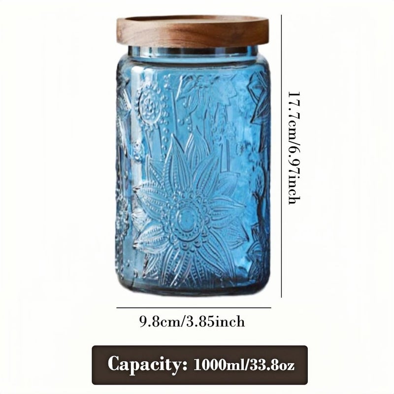 ANSQU Vintage Glass Jar with Solid Wood Lid, 34 FL OZ Blue Sunflower Decorative Jar, Glass Food Storage Container for Coffee, Tea Bags, Nuts, Sugar, Jam, Pet Food (Blue, 1 Pack) - Image 2