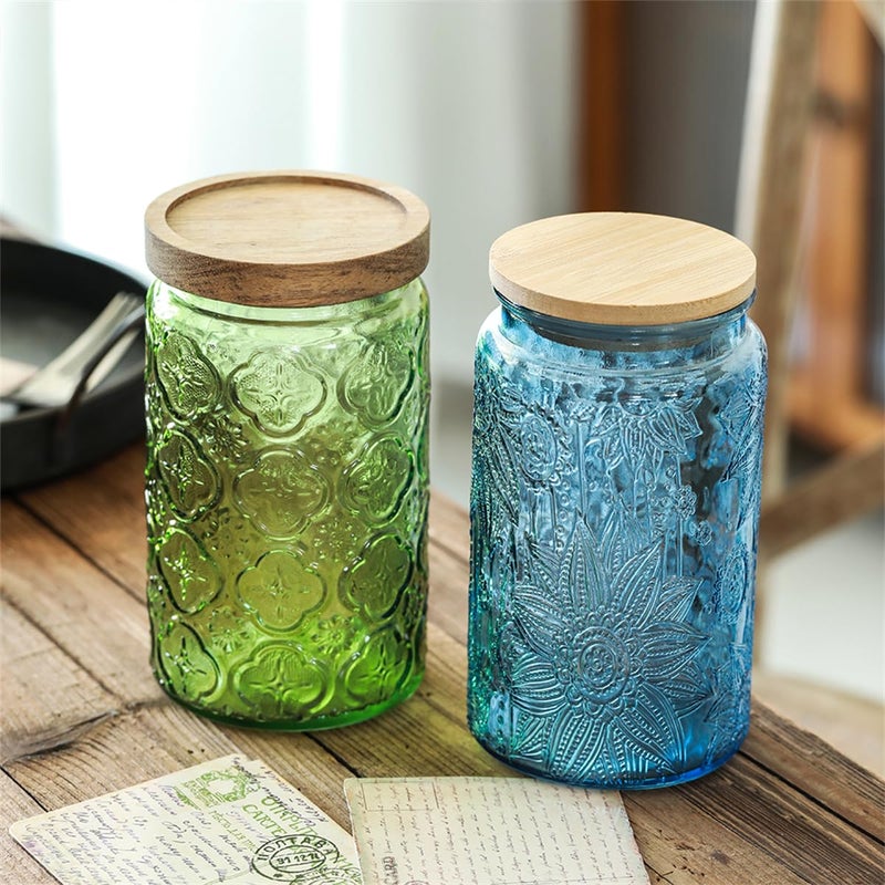 ANSQU Vintage Glass Jar with Solid Wood Lid, 34 FL OZ Blue Sunflower Decorative Jar, Glass Food Storage Container for Coffee, Tea Bags, Nuts, Sugar, Jam, Pet Food (Blue, 1 Pack) - Image 4