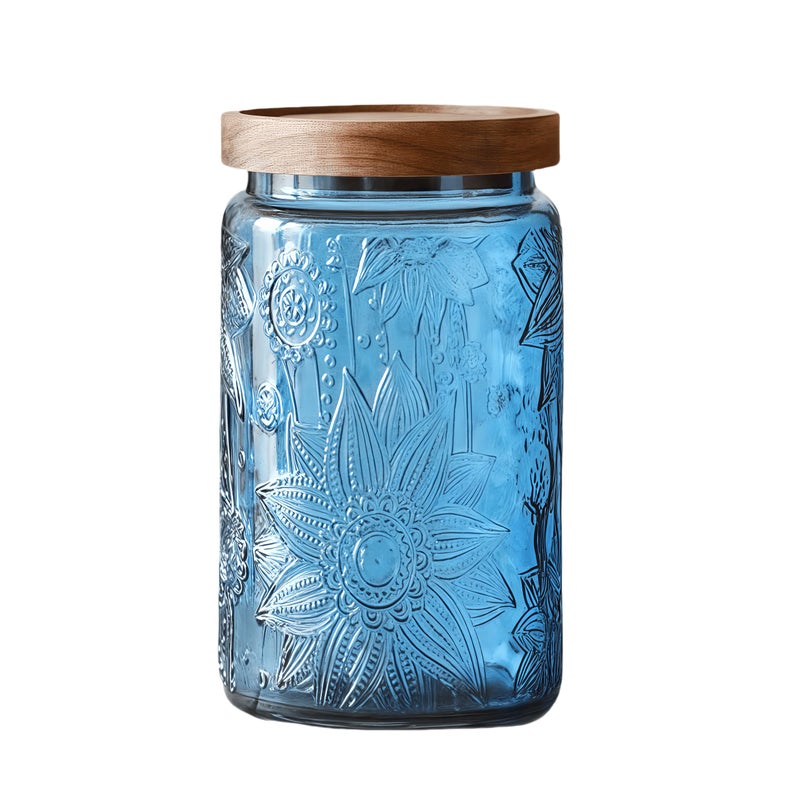 ANSQU Vintage Glass Jar with Solid Wood Lid, 34 FL OZ Blue Sunflower Decorative Jar, Glass Food Storage Container for Coffee, Tea Bags, Nuts, Sugar, Jam, Pet Food (Blue, 1 Pack) - Image 1