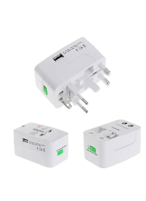 All-in-One Universal AC Power Converter for Travel, designed for use with multiple plug types, including a USB port for charging various devices efficiently.