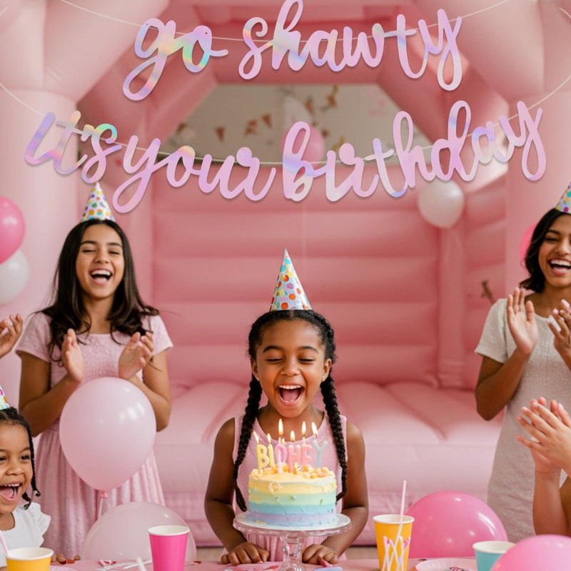 BEISHIDA Double-Sided Rainbow Pink Go Shawty It's Your Birthday Banner 11.4Feet,NO DIY-Hip Hop Theme Glitter Happy Birthday Banner Pre-Strung Rap Theme Happy Birthday Sign for Man Women birthday Party Supply - Image 5