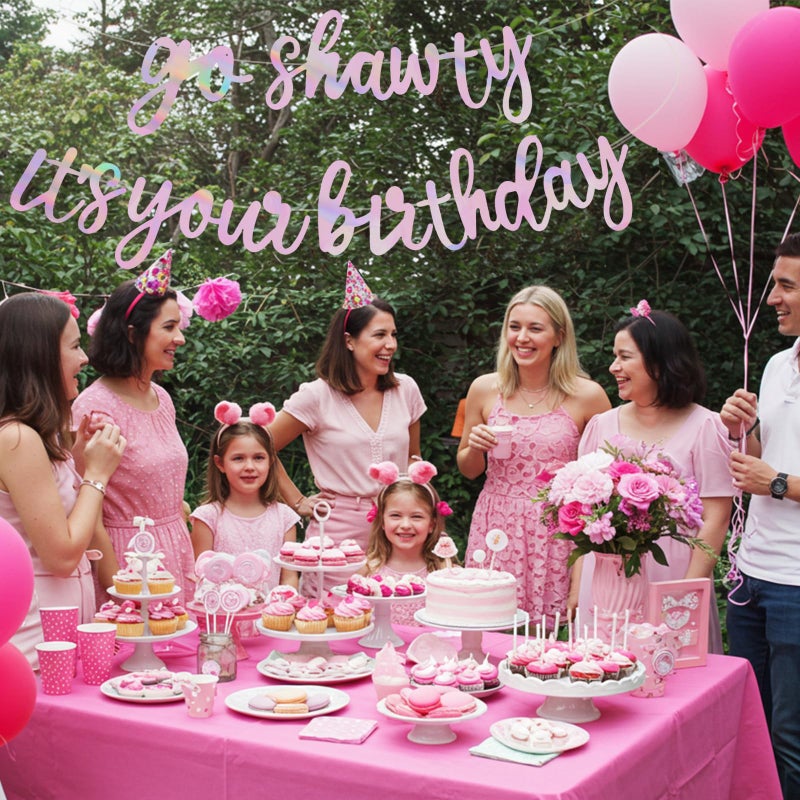 BEISHIDA Double-Sided Rainbow Pink Go Shawty It's Your Birthday Banner 11.4Feet,NO DIY-Hip Hop Theme Glitter Happy Birthday Banner Pre-Strung Rap Theme Happy Birthday Sign for Man Women birthday Party Supply - Image 4