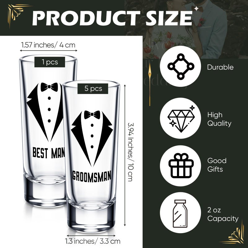Rtteri 6 Pcs Wedding Shot Glasses Set 1 Best Man 5 Groomsmen Shot Glasses Wedding Party Favors Glasses Bachelor Party Favors Groomsman Gifts Bachelor Party Decorations for Proposal Men,2 oz - Image 2